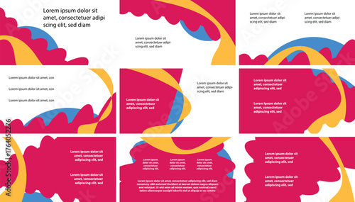 A colorful set of abstract layout templates featuring flowing red, yellow, and blue wave shapes. Each composition varies in shape balance and placement, designed for dynamic visual presentations or ed