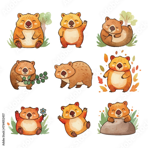 Wombats in Nature Watercolor Illustrations