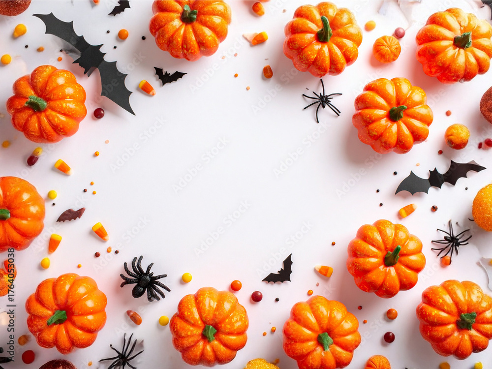 Fototapeta premium A Festive Frenzy from Above: A Top-Left Flat Lay of Halloween Pumpkins, Candy Chaos, and Spooky Charm on a Clean White Canvas