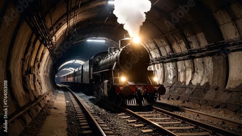 Train passing through an old tunnel, dim light from the front, mysterious atmosphere.