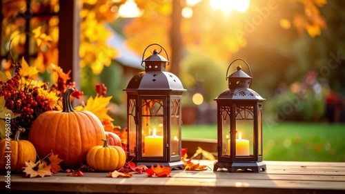 Autumn/Halloween decorations with pumpkin lanterns and candles, warm lighting.