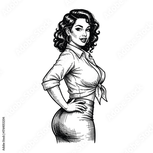 Confident Retro Woman – Vintage Fashion Portrait Illustration