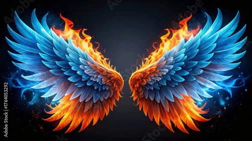 Large glowing butterfly wings in blue and orange colors, fantasy, bioluminescence.
