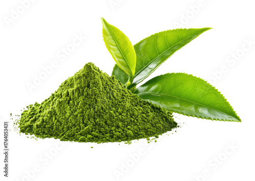 Green matcha powder with fresh vibrant green tea leaves