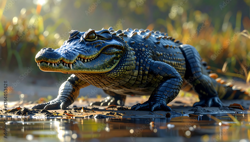 Fototapeta premium A large caiman with textured, armored skin walks along the muddy bank of a sunlit river in the jungle.