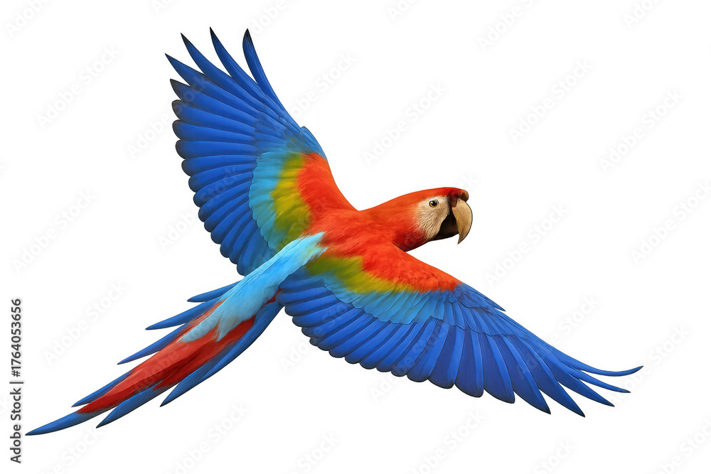 Obraz premium Scarlet macaw bird flying, showing colorful wings and tail feathers, tropical wildlife, isolated on transparent background