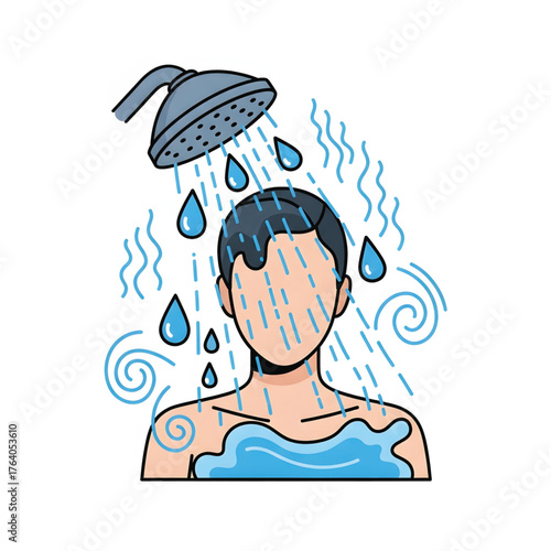 Person Taking a Shower with Water Droplets, Steam, and Shower Head Illustration