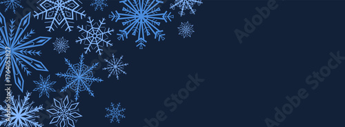 Vector illustration of blue snowflakes forming a corner border on a dark background. Elegant winter design perfect for Christmas cards, invitations, posters, and holiday decorations