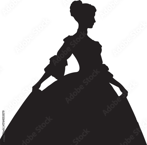A black silhouette of a female figure dressed in 1800s Denmark fashion, a period dress.