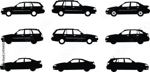 Car silhouettes collection, sedan, hatchback, station wagon, automobile icons, transport vector, automotive design, vehicle body shapes, side profile illustration