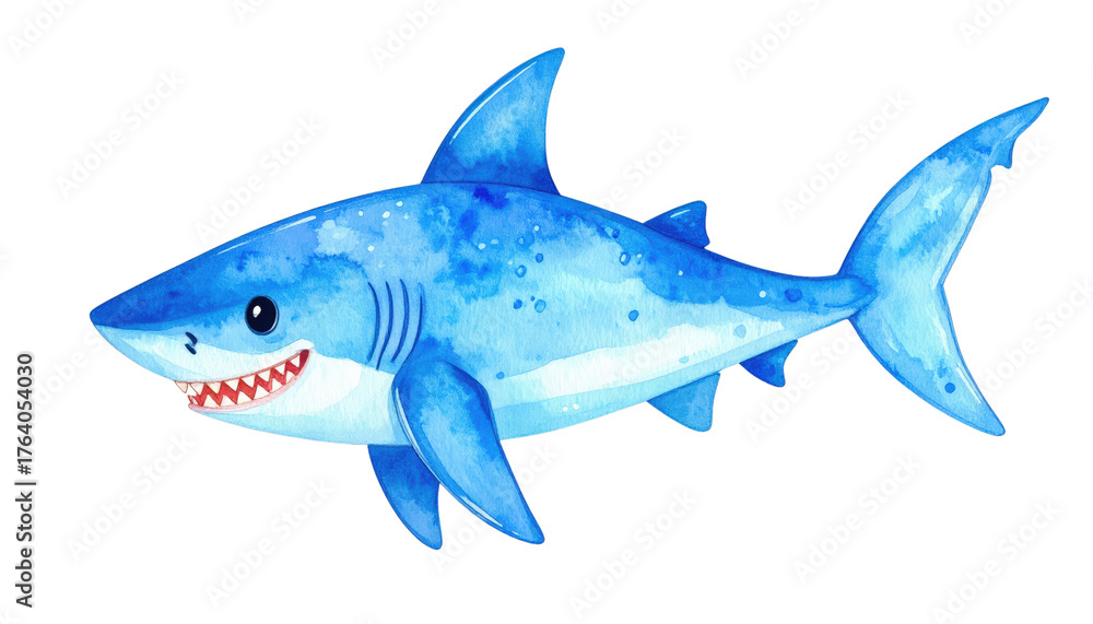 Fototapeta premium Watercolor Illustration of a Blue Shark with Sharp Teeth.