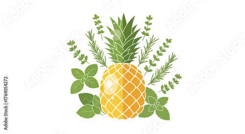 Artistic watercolor illustration of a fresh pineapple with herbs.