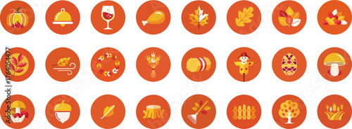 24 autumn-themed icons in round badges with warm palette