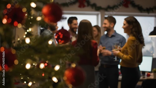 Blurred image of a christmas party in an office with colleagues socializing near a decorated christmas tree vector illustration
