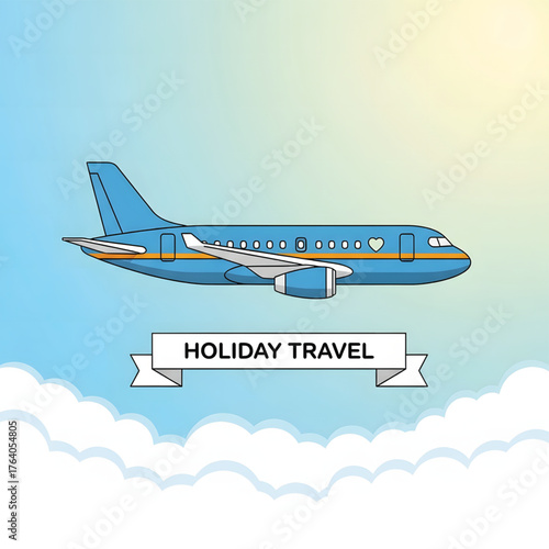 Vector illustration of a passenger airplane flying in the sky above the clouds, symbolizing air travel and vacation journeys