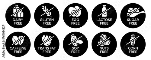 Set allergen free icons set. Allergen free products. Products warning symbols. Lactose, gluten, sugar free, corn, egg, trans fat, soy, nuts free, caffeine sign.