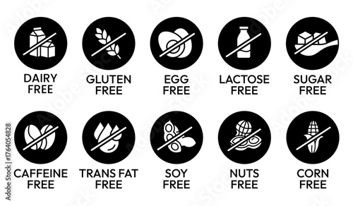 Set allergen free icons set. Allergen free products. Products warning symbols. Lactose, gluten, sugar free, corn, egg, trans fat, soy, nuts free, caffeine sign.