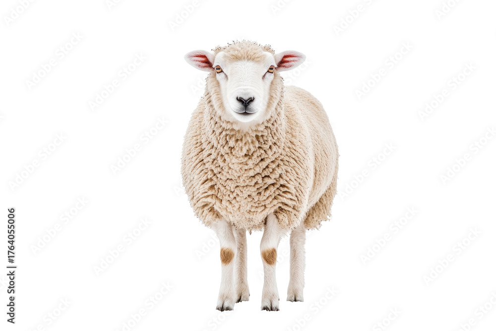 Fototapeta premium Fluffy sheep faces forward, isolated on black backdrop