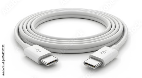 A modern white USB Type C power delivery and data transfer cable coiled neatly on an isolated white studio background