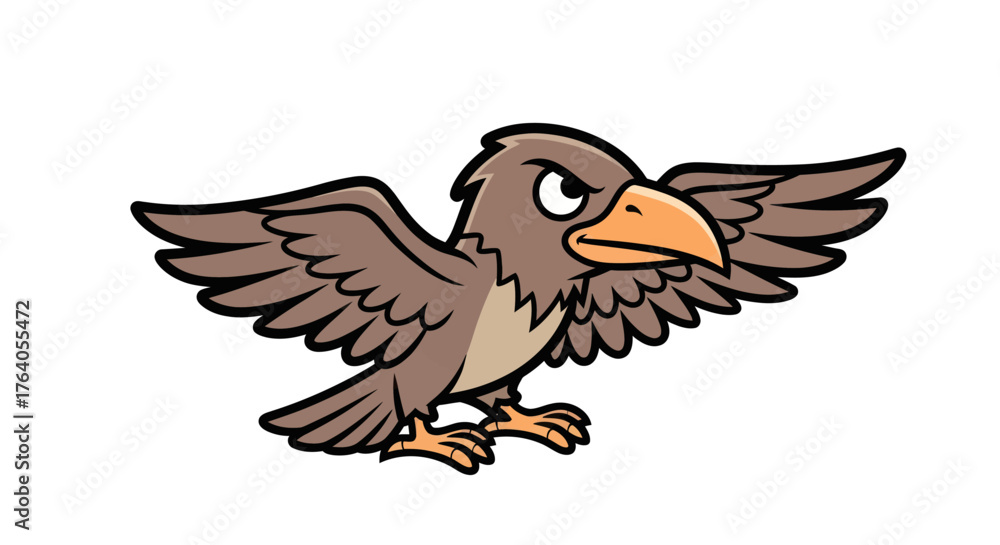 Obraz premium Cartoon bird in mid-flight with outstretched wings, focused expression, and bold outlines