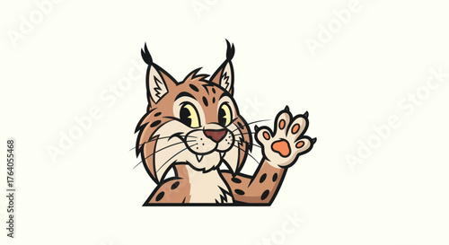 Cartoon bobcat waving, brown and tan fur with black accents and paw pads, over white background