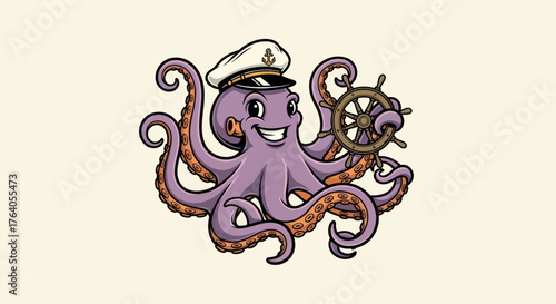 A cartoon octopus wearing a captain's hat steers a ship wheel, smiling cheerfully