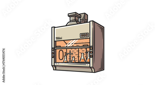 Illustration of a laboratory fume hood with glassware containing orange liquid, with pipes on top