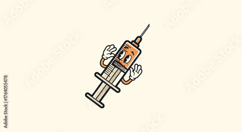 A friendly cartoon syringe with a face and gloved hands waving. Background is plain, neutral color