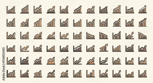 Grid of stylized financial charts with arrows and bars, depicting trends