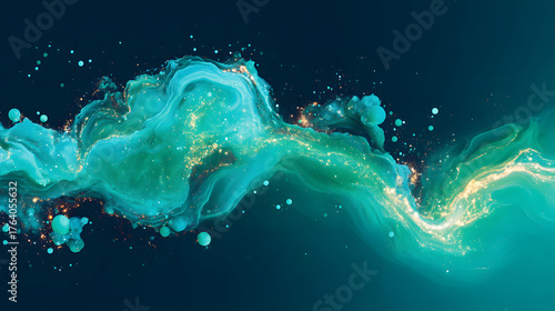 Aqua swirl teal wave liquid flow abstract fluid ocean texture glowing particles fantasy stream glitter dust cosmic water turquoise smoke. Dreamy ribbon of teal liquid arcs across deep blue