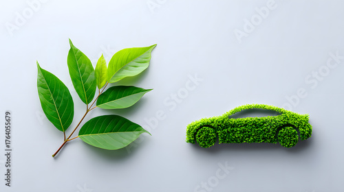 Green electric car eco vehicle sustainable transport clean energy environmental concept green leaf minimal design modern style nature symbol zero emission. Green electric car silhouette crafted