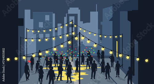 Street party lights with people celebrating outdoors at night for Hogmanay festival poster and event design