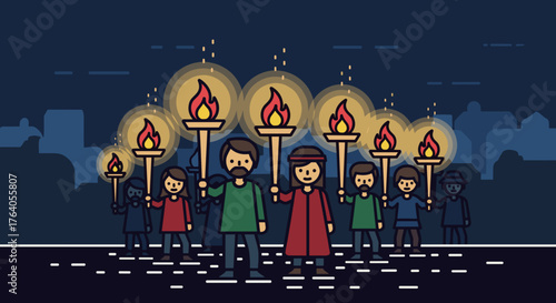 Torch flames parade during Hogmanay night in Scotland for festival poster and cultural celebration design