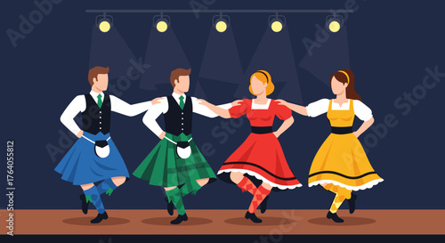 Ceilidh dancers performing on stage in traditional Scottish attire for cultural festival and heritage design
