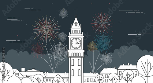 Clock tower striking midnight with fireworks for Hogmanay New Year celebration and festive poster design