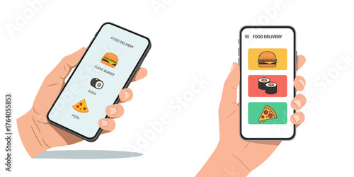 Food delivery smartphone interface vector set with burger, sushi and pizza icons for online ordering and mobile app design
