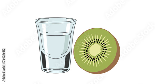 Clear shot glass with liquid and a sliced kiwi fruit.