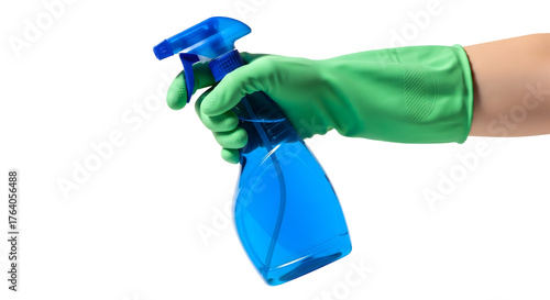 A hand wearing a green glove holding a blue spray bottle, isolated on transparent background	
