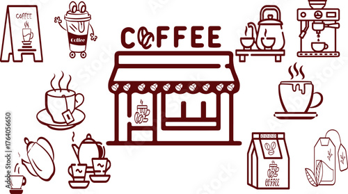 Collection of coffee shop and beverage icons in a cohesive dark red outline style cafe store