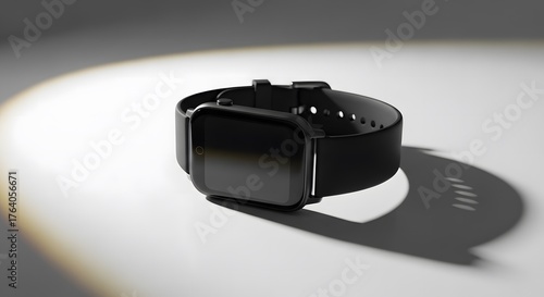 A sleek black smartwatch with a blank screen under a spotlight on a clean white background, showcasing modern wearable technology