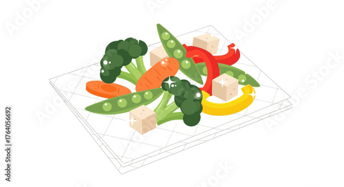 Colorful mixed vegetable and tofu stir fry on a white plate illustration.