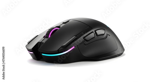 Black ergonomic computer mouse with RGB lighting on a white background