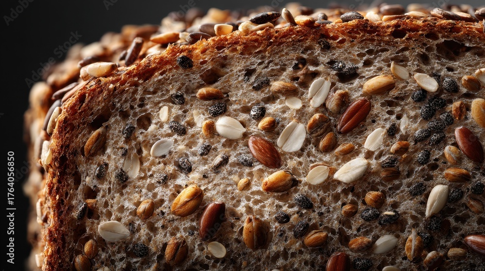 Fototapeta premium closeup of a nutritious multigrain bread slice showcasing its textured crust and interior with a variety of seeds embedded throughout
