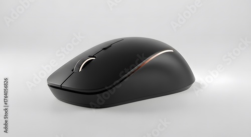 Sleek black wireless computer mouse with an ergonomic design and metallic accent, isolated on a clean white studio background