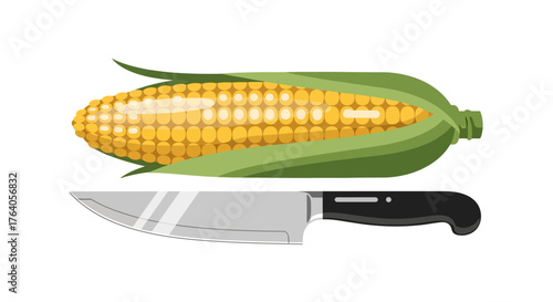 Corn on the Cob with Knife Illustration.