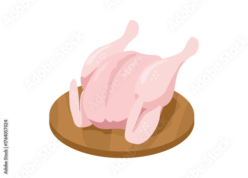 Raw whole chicken meat on a wooden cutting mat. Simple flat illustration.