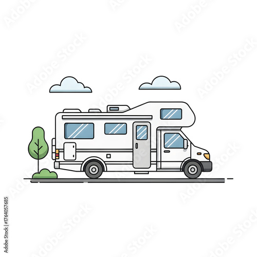 Modern vector illustration of a white recreational vehicle (RV), representing the freedom of road trips, outdoor adventure, and comfortable mobile living for travel and exploration