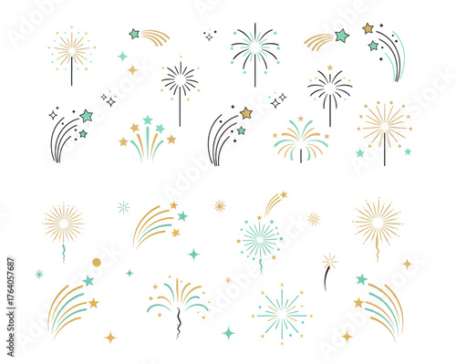 A festive collection of stylized vector fireworks, comets, and sparkling stars illustrated in a modern, elegant palette of gold, teal, and charcoal.
