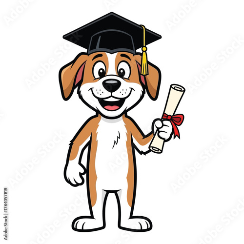 Smart Puppy Graduate Mascot Illustration. A Cheerful Canine Scholar with a Cap and Diploma for Education Concepts