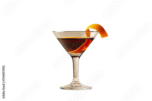Cocktail in martini glass with curled orange peel garnish
